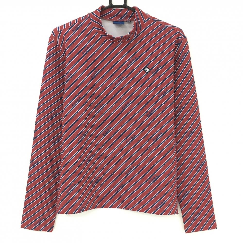【美品】フィドラ 長袖ハイネックシャツ ボルドー×ネイビー 斜めストライプ柄 ロゴワッペン メンズ XL/TG ゴルフウェア FIDRA