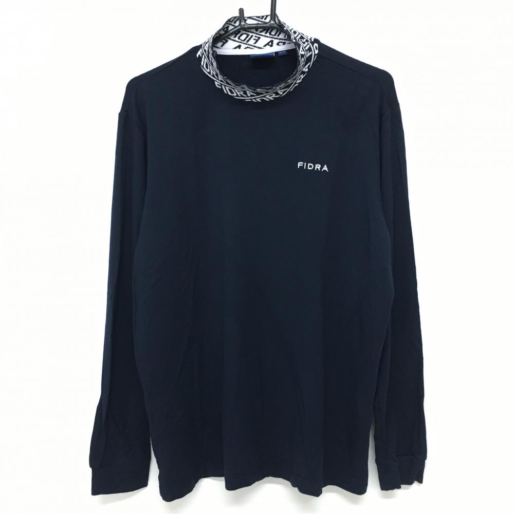 【超美品】フィドラ 長袖ハイネックシャツ ネイビー×白 ネックロゴ総柄 裏起毛 メンズ XL/TG ゴルフウェア FIDRA