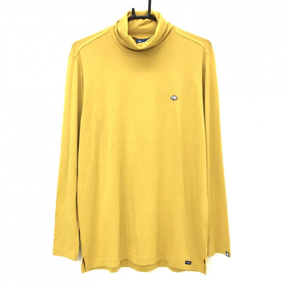 【美品】フィドラ 長袖ハイネックシャツ マスタードイエロー×ネイビー ロゴワッペン メンズ L/G ゴルフウェア FIDRA