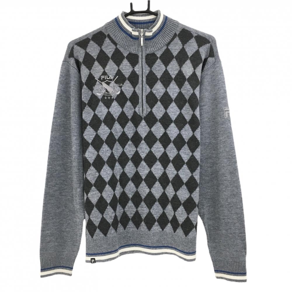 フィラゴルフ ハイネックセーター グレー×ダークグレー ダイヤ柄 ハーフジップ ニット  メンズ L ゴルフウェア FILA GOLF