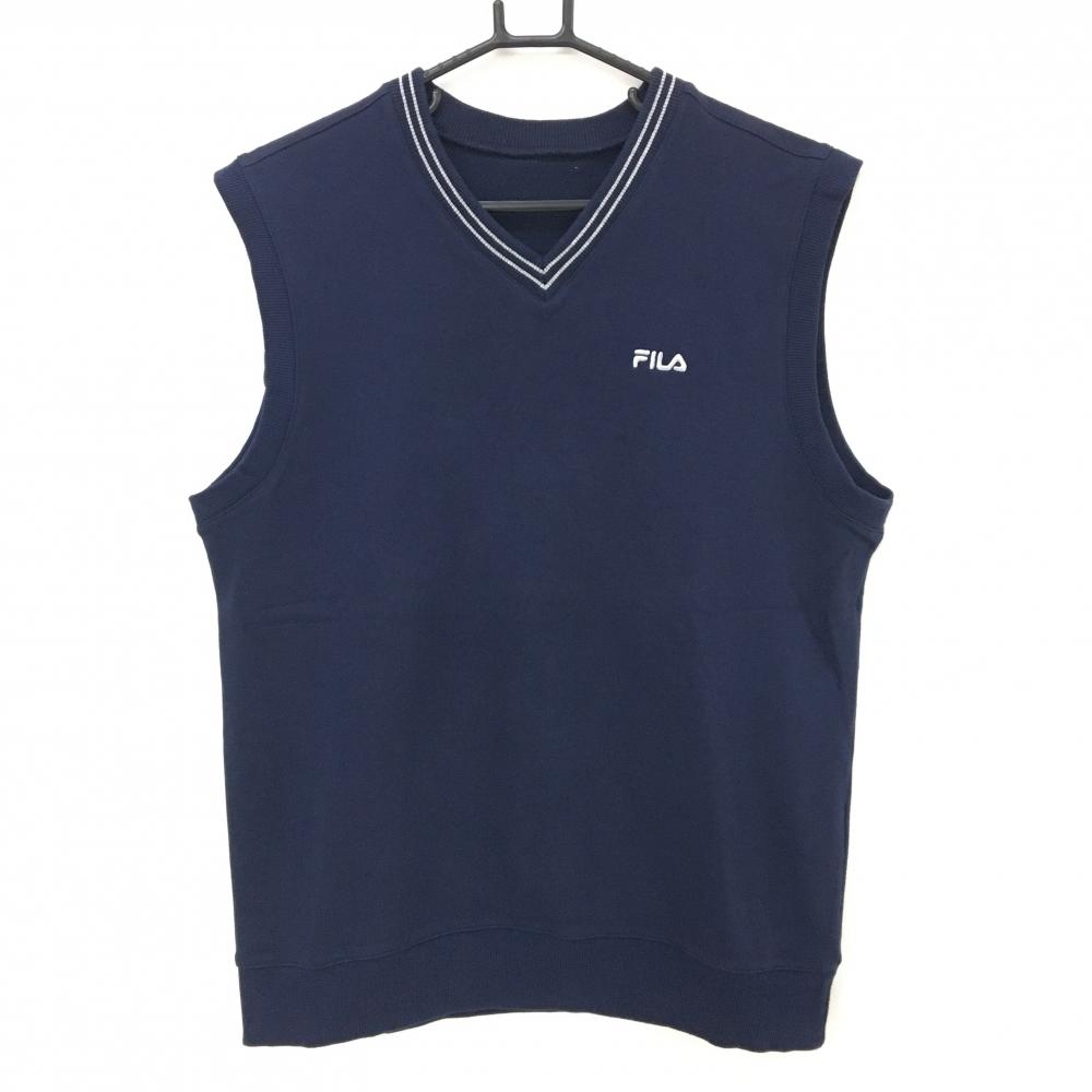 【美品】フィラ ベスト ネイビー×白 Vネック 胸ロゴ  メンズ  ゴルフウェア FILA GOLF