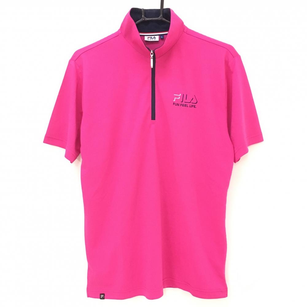 フィラゴルフ 半袖ポロシャツ ピンク×ネイビー 胸元ロゴ ハーフジップ メンズ L ゴルフウェア FILA GOLF
