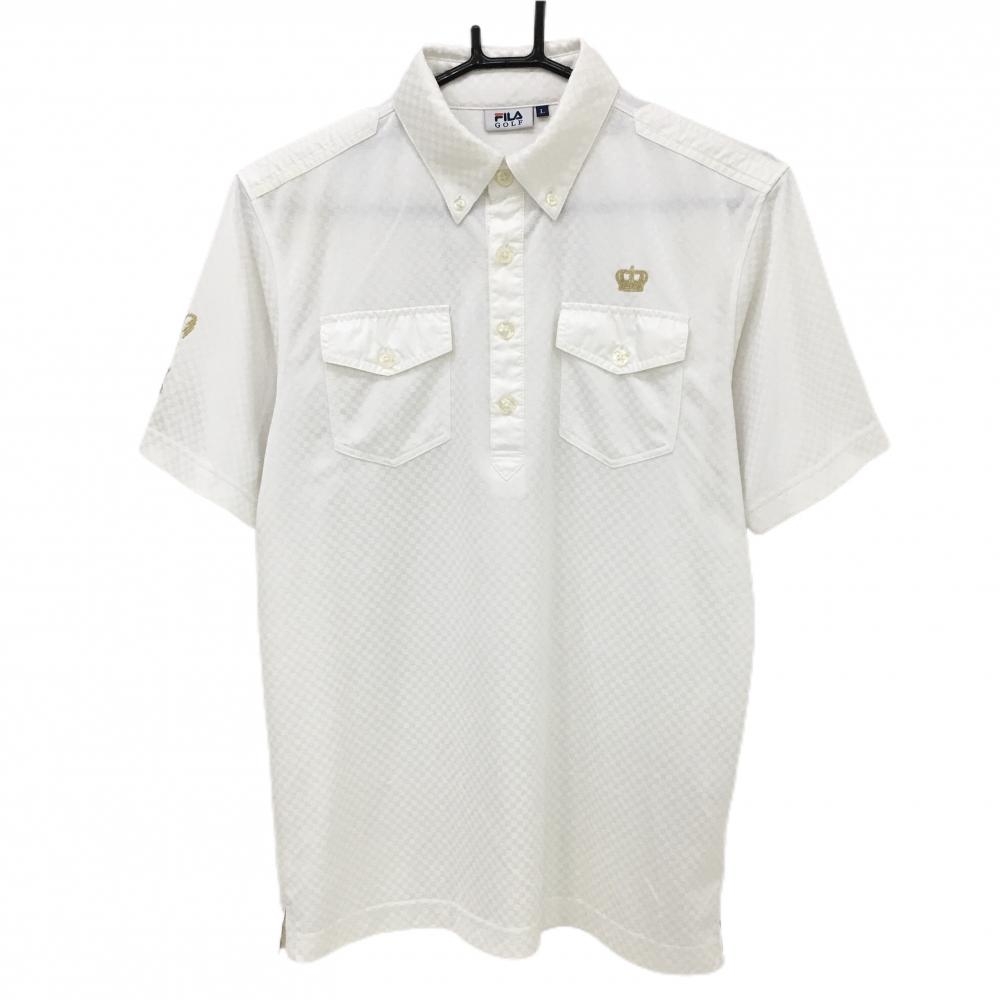 【美品】フィラゴルフ 半袖ポロシャツ 白 ブロックチェック織生地 ボタンダウン 胸ポケット メンズ L ゴルフウェア FILA GOLF
