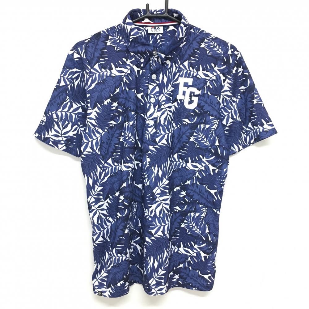 【美品】フィラゴルフ 半袖ポロシャツ ネイビー×白 リーフ柄 総柄 ロゴ刺しゅう ボタンダウン メンズ L ゴルフウェア FILA GOLF