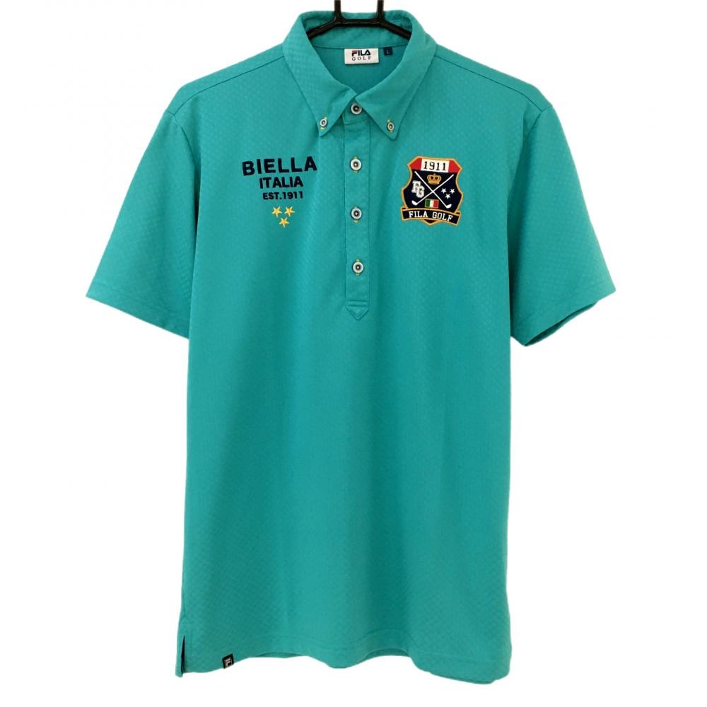 【超美品】フィラゴルフ 半袖ポロシャツ ライトブルー×ネイビー ブロック柄織生地 胸元刺 メンズ L ゴルフウェア FILA GOLF