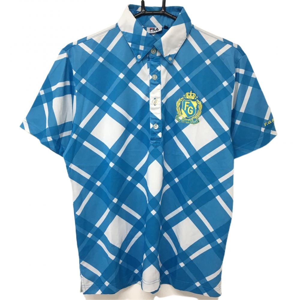 フィラゴルフ 半袖ポロシャツ ブルー×白 チェック 総柄 ボタンダウン  メンズ L ゴルフウェア FILA GOLF