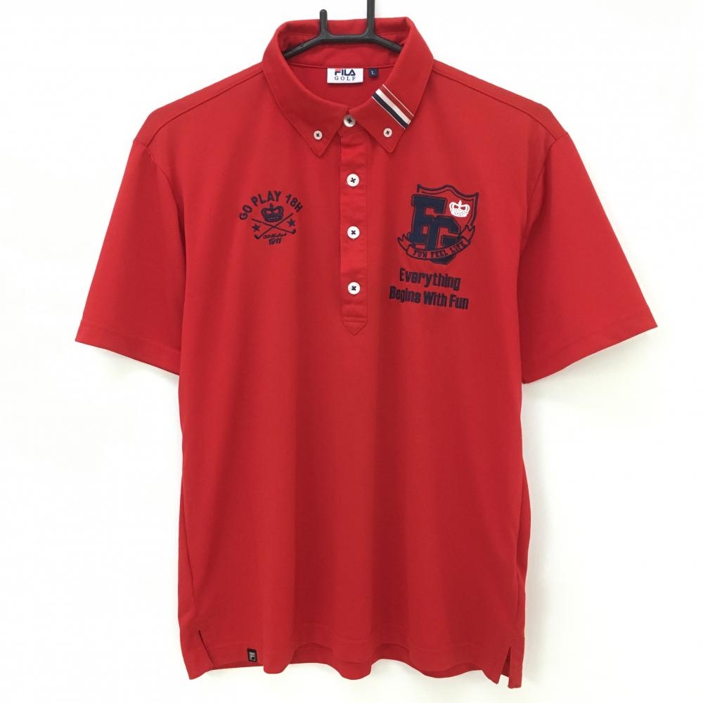 【美品】フィラゴルフ 半袖ポロシャツ レッド×ネイビー ロゴ刺しゅう ボタンダウン メンズ L ゴルフウェア FILA GOLF