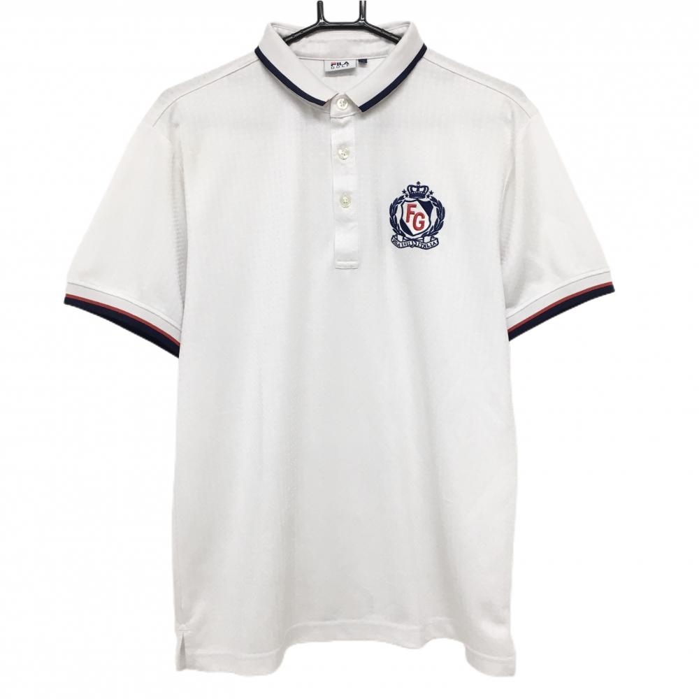 【美品】フィラゴルフ 半袖ポロシャツ 白 ボックスチェック織生地 胸元ロゴ メンズ LL ゴルフウェア FILA GOLF