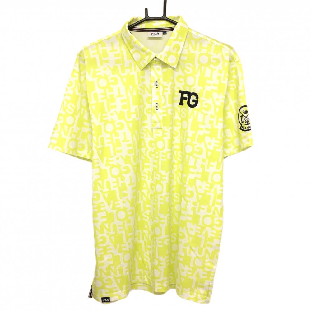 【超美品】フィラゴルフ 半袖ポロシャツ 白×ライトグリーン 英字柄 刺しゅう メンズ LL ゴルフウェア FILA GOLF