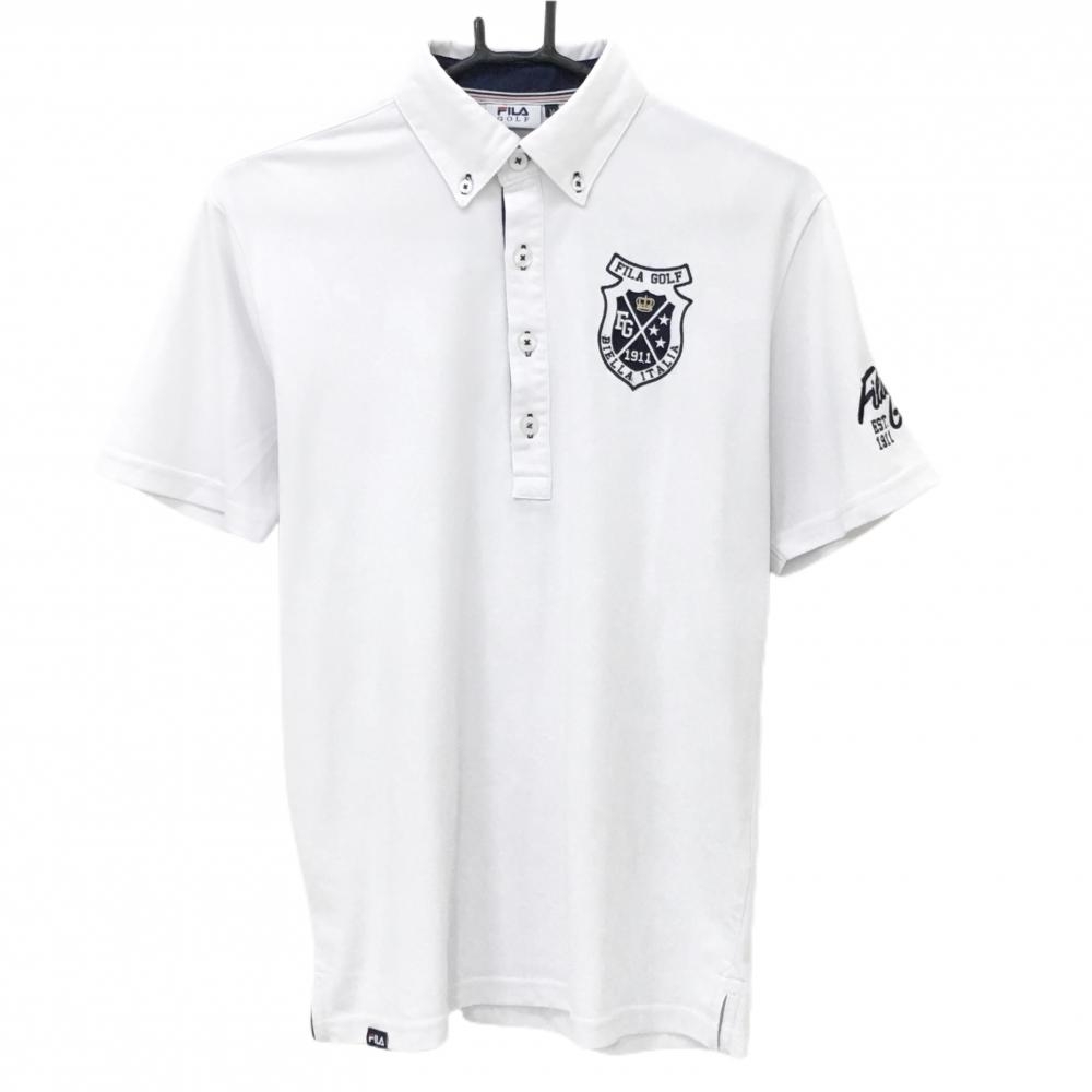 フィラゴルフ 半袖ポロシャツ 白×ネイビー 胸刺しゅう ボタンダウン メンズ M ゴルフウェア FILA GOLF