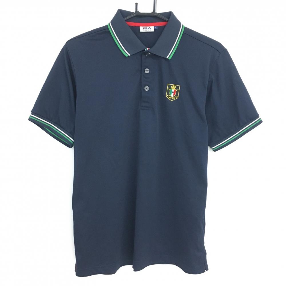 【超美品】フィラゴルフ 半袖ポロシャツ ネイビー×グリーン 襟袖ライン メンズ L ゴルフウェア FILA GOLF