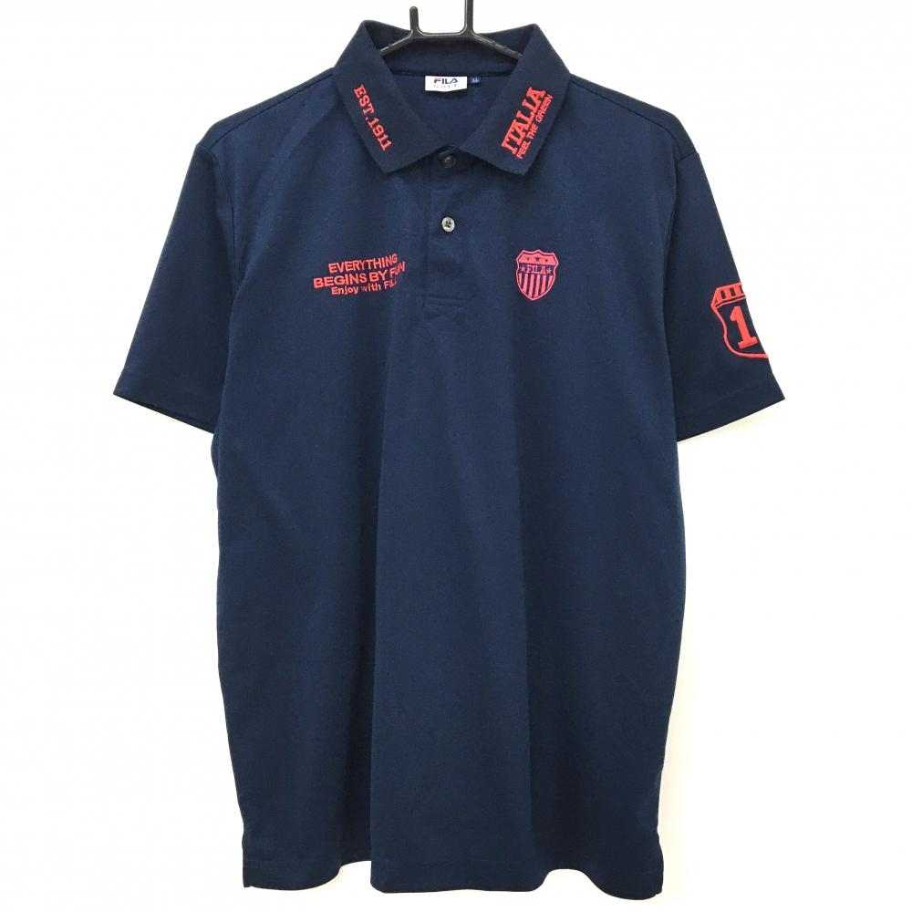 【美品】フィラゴルフ 半袖ポロシャツ ネイビー×レッド 襟・胸ロゴ刺しゅう メンズ LL ゴルフウェア FILA GOLF