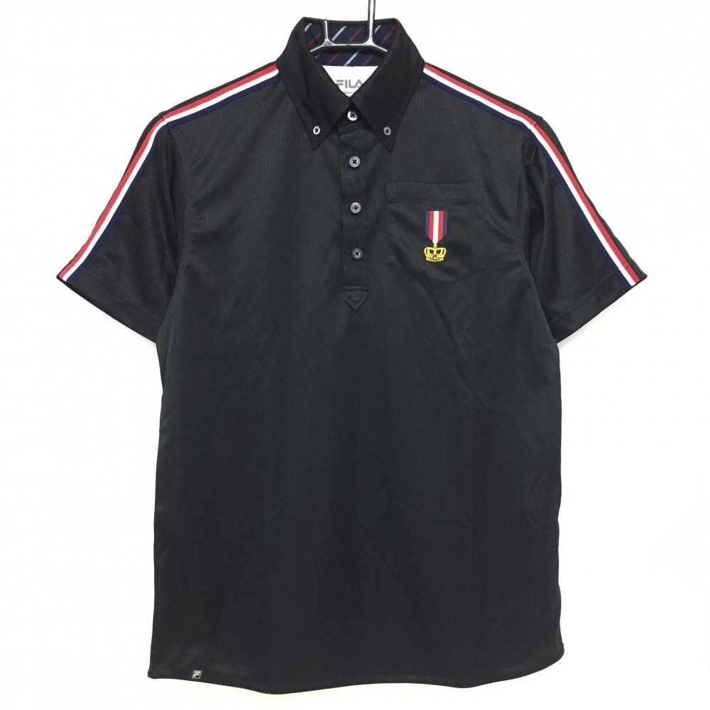 【美品】フィラゴルフ 半袖ポロシャツ 黒×レッド ストライプ地模様 トリコロールライン メンズ M ゴルフウェア FILA GOLF