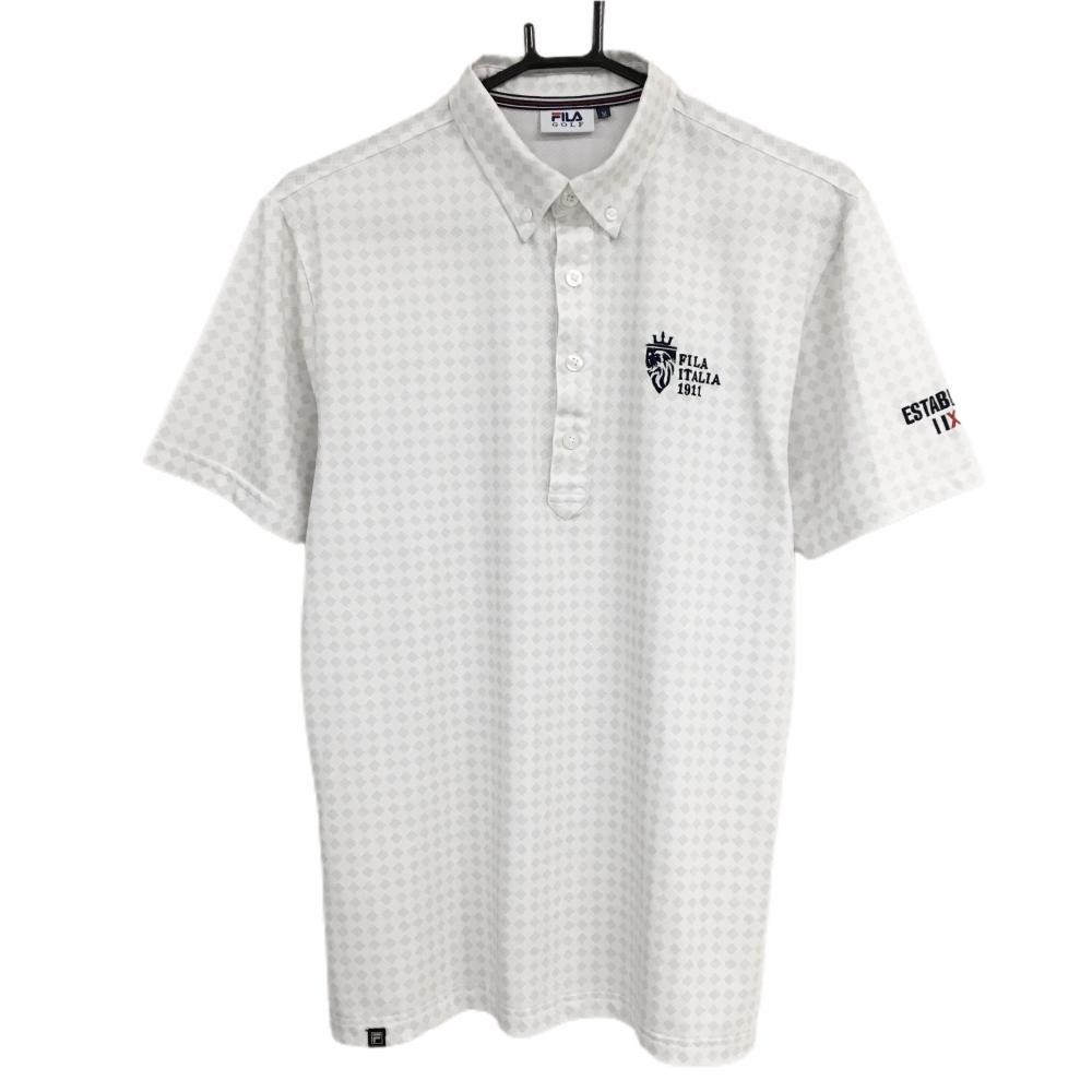 【超美品】フィラゴルフ 半袖ポロシャツ 白×ライトグレー ダイヤ柄 ロゴ刺しゅう ボタンダウン  メンズ M ゴルフウェア FILA GOLF