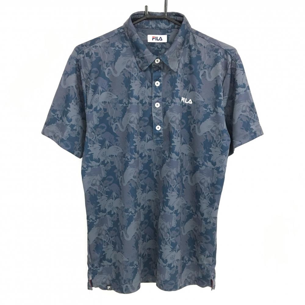 【美品】フィラ 半袖ポロシャツ ネイビー×グレー フラミンゴ柄  メンズ LL ゴルフウェア FILA GOLF
