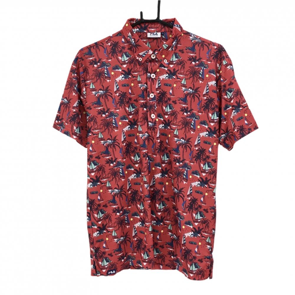 【超美品】フィラゴルフ 半袖ポロシャツ レッド×ネイビー ヨット総柄 ボタンダウン メンズ L ゴルフウェア FILA GOLF