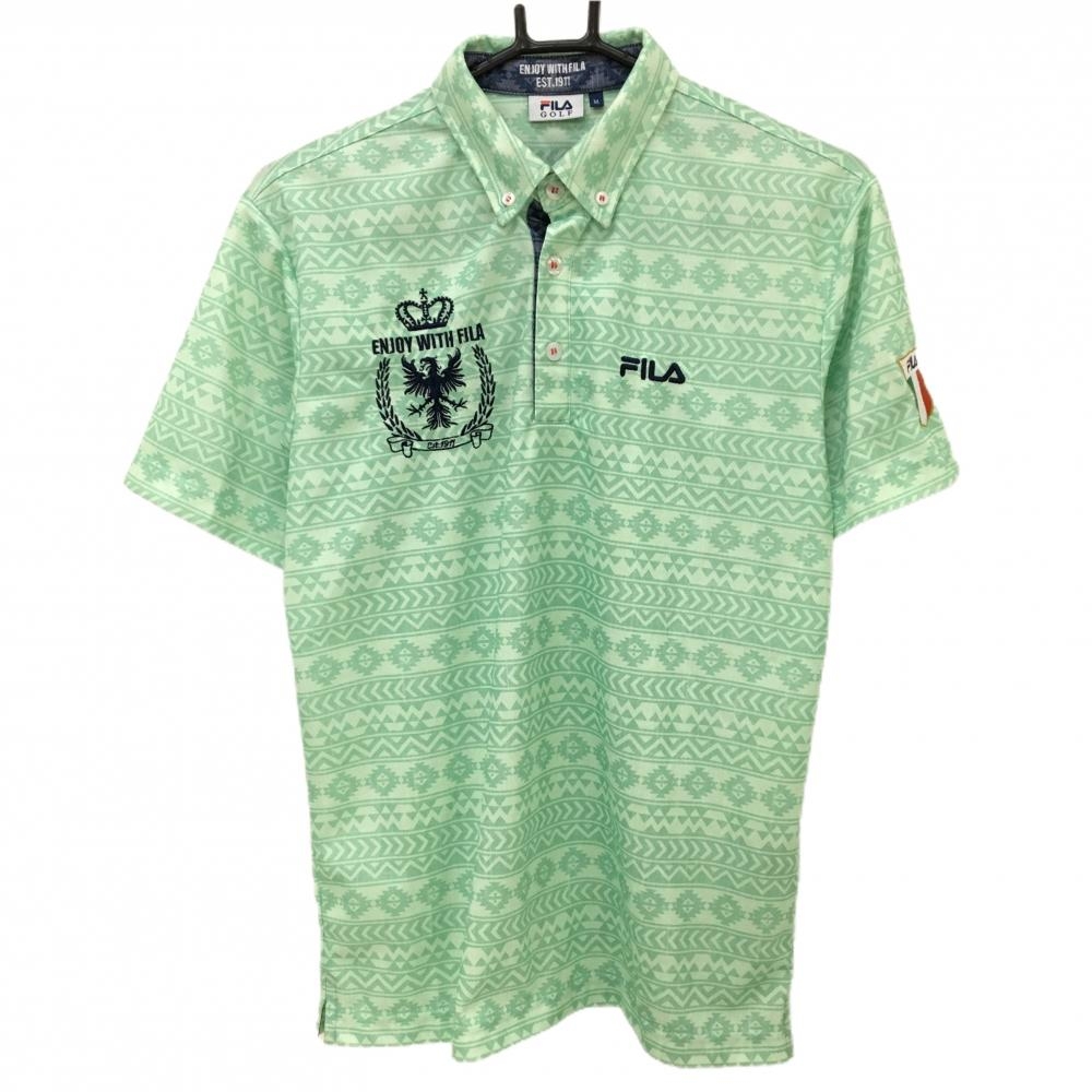 【超美品】フィラゴルフ 半袖ポロシャツ ライトグリーン×グリーン系 総柄 ボーダー調 ボタンダウン メンズ M ゴルフウェア FILA GOLF