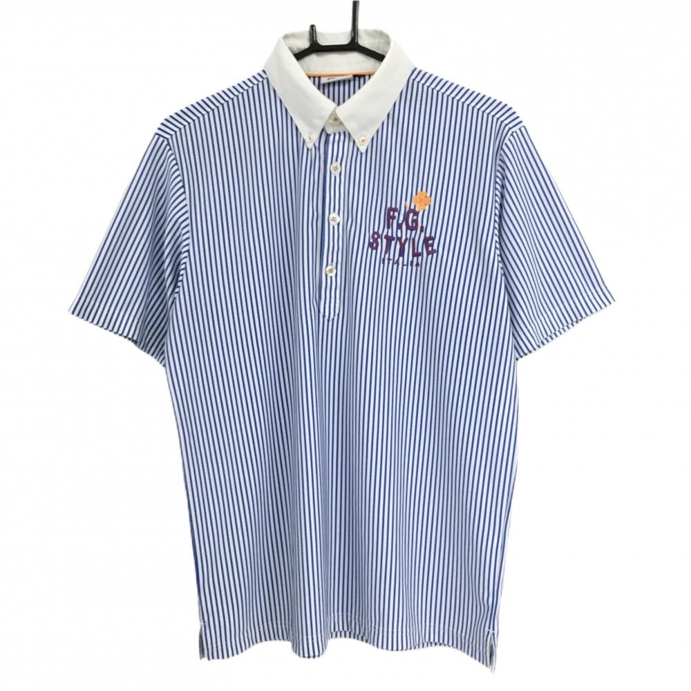 フィラゴルフ 半袖ポロシャツ 白×ブルー ストライプ 胸元刺しゅう ボタンダウン  メンズ L ゴルフウェア FILA GOLF