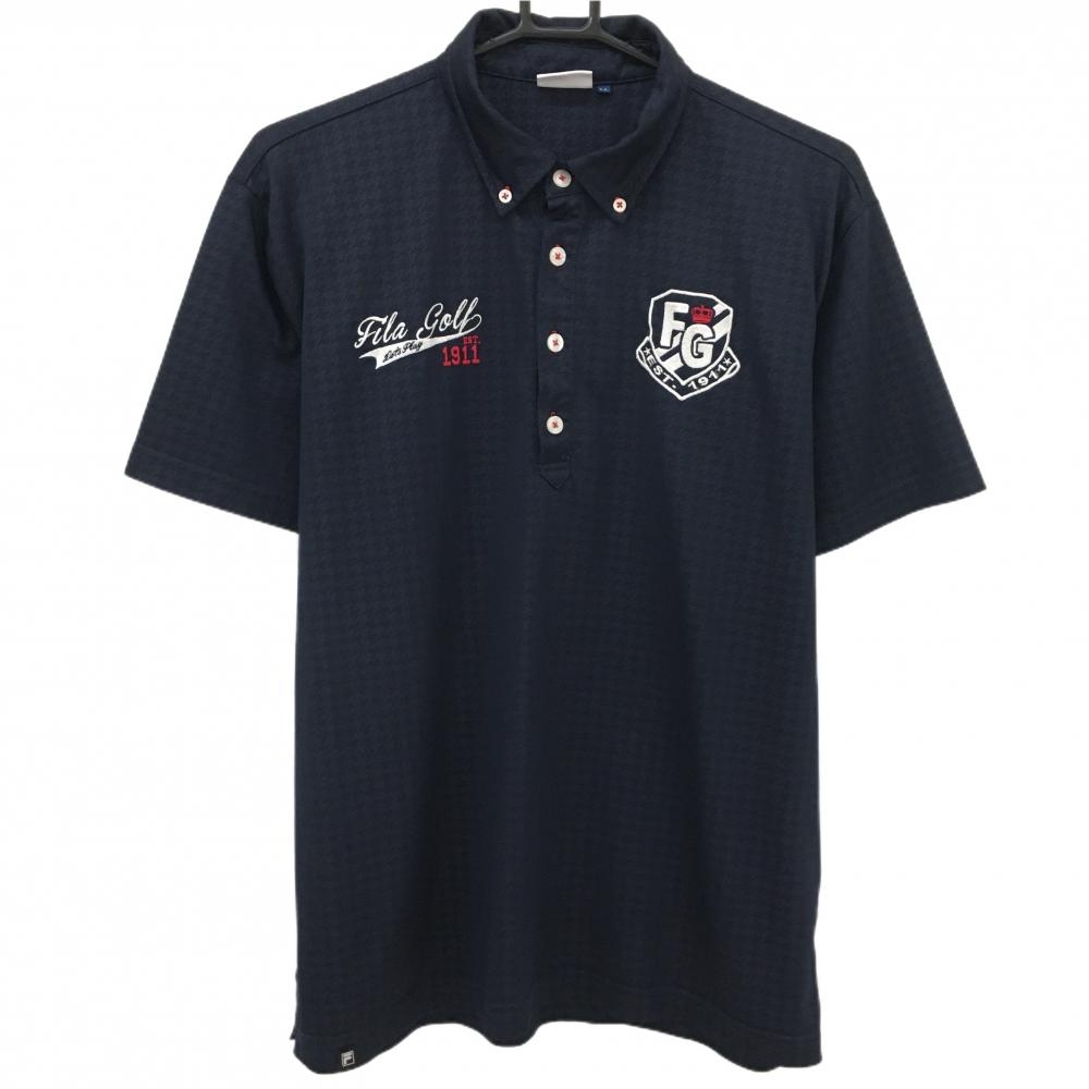 【超美品】フィラゴルフ 半袖ポロシャツ ネイビー 千鳥格子 ボタンダウン メンズ LL ゴルフウェア FILA GOLF