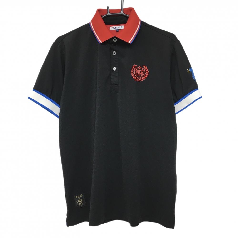 【美品】フィラゴルフ 半袖ポロシャツ 黒×レッド ロゴ刺しゅう  メンズ LL ゴルフウェア FILA GOLF