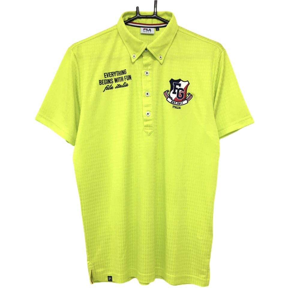 【美品】フィラゴルフ 半袖ポロシャツ ライムイエロー系 ダイヤ柄 ボタンダウン  メンズ L ゴルフウェア FILA GOLF