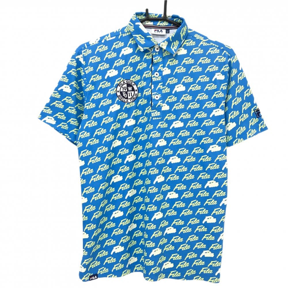 【超美品】フィラゴルフ 半袖ポロシャツ ライトブルー×ライトイエロー 英字ロゴ総柄 胸ロゴ メンズ M ゴルフウェア FILA GOLF