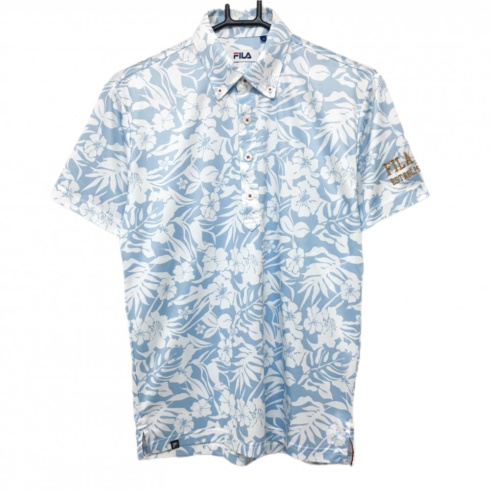 【美品】フィラ 半袖ポロシャツ ライトブルー×白 ハイビスカス総柄 ボタンダウン メンズ M ゴルフウェア FILA GOLF
