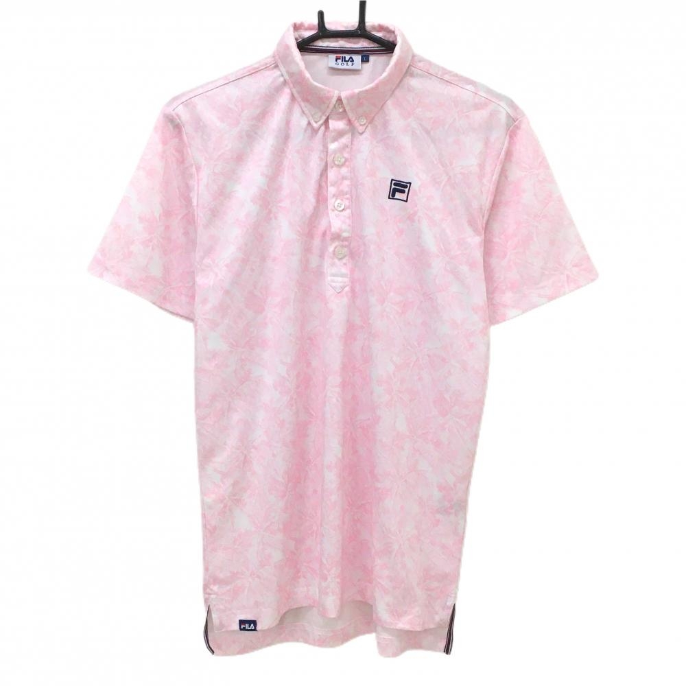 【美品】フィラゴルフ 半袖ポロシャツ 白×ライトピンク 総柄 ボタンダウン メンズ L ゴルフウェア FILA GOLF