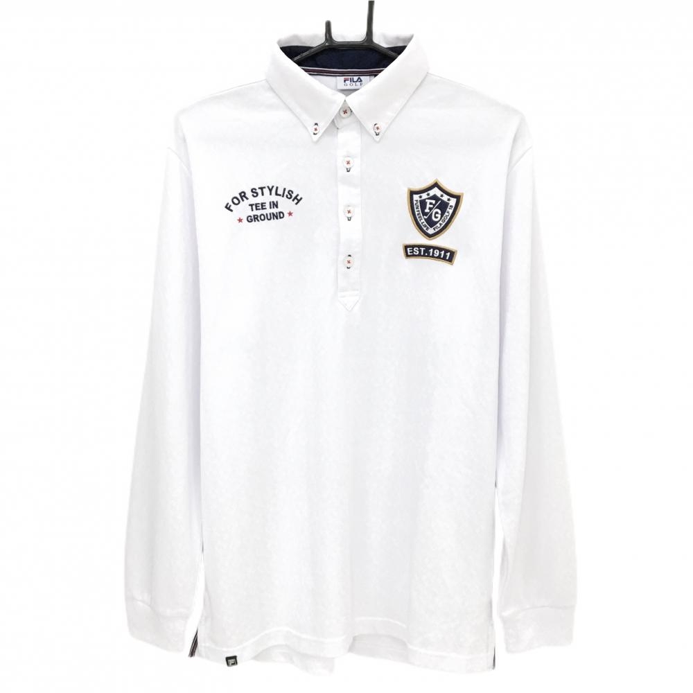 【超美品】フィラゴルフ 長袖ポロシャツ 白 ダイヤ柄地模様 ボタンダウン  メンズ LL ゴルフウェア FILA GOLF