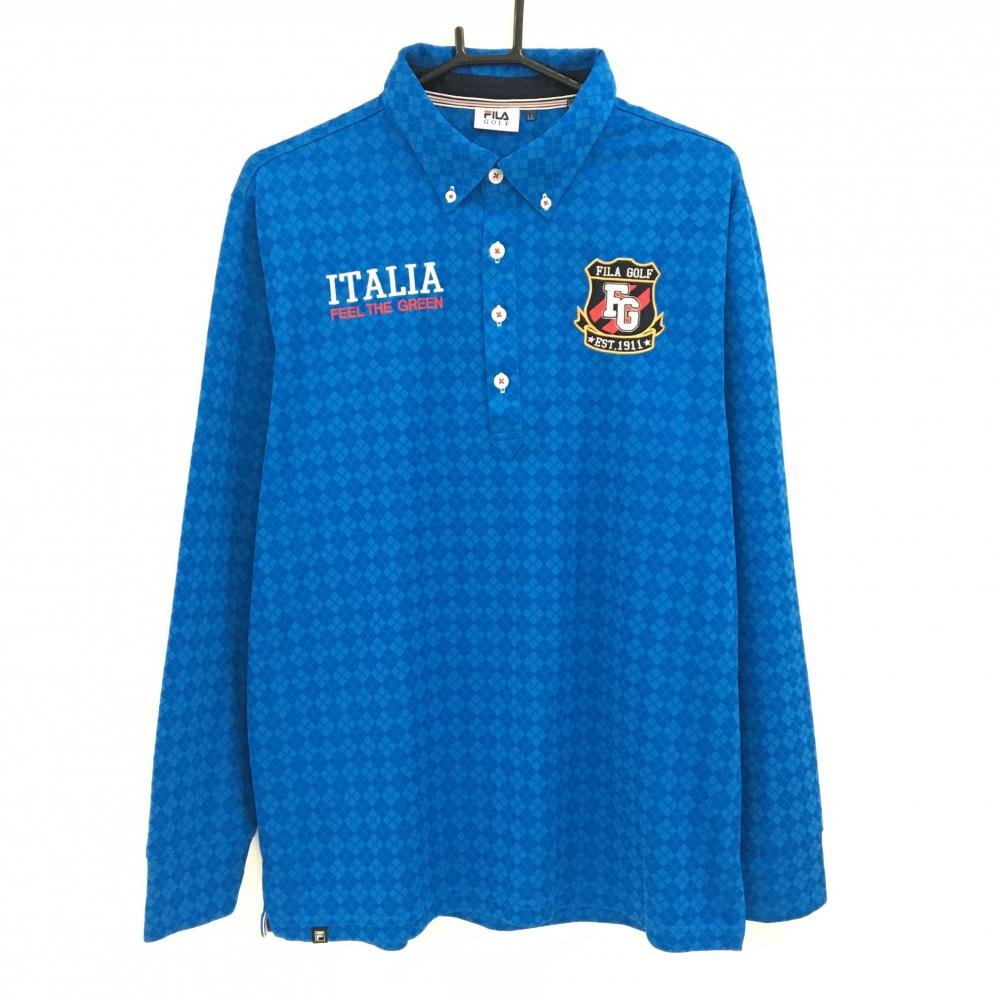 【美品】フィラゴルフ 長袖ポロシャツ ブルー ダイヤ総柄 ワッペン メンズ LL ゴルフウェア FILA GOLF
