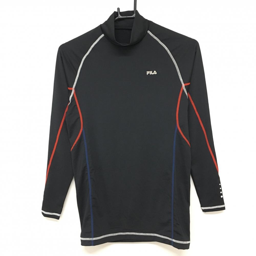 【超美品】フィラゴルフ ハイネックインナーシャツ 黒×白 ロゴプリント ストレッチ メンズ L ゴルフウェア FILA GOLF