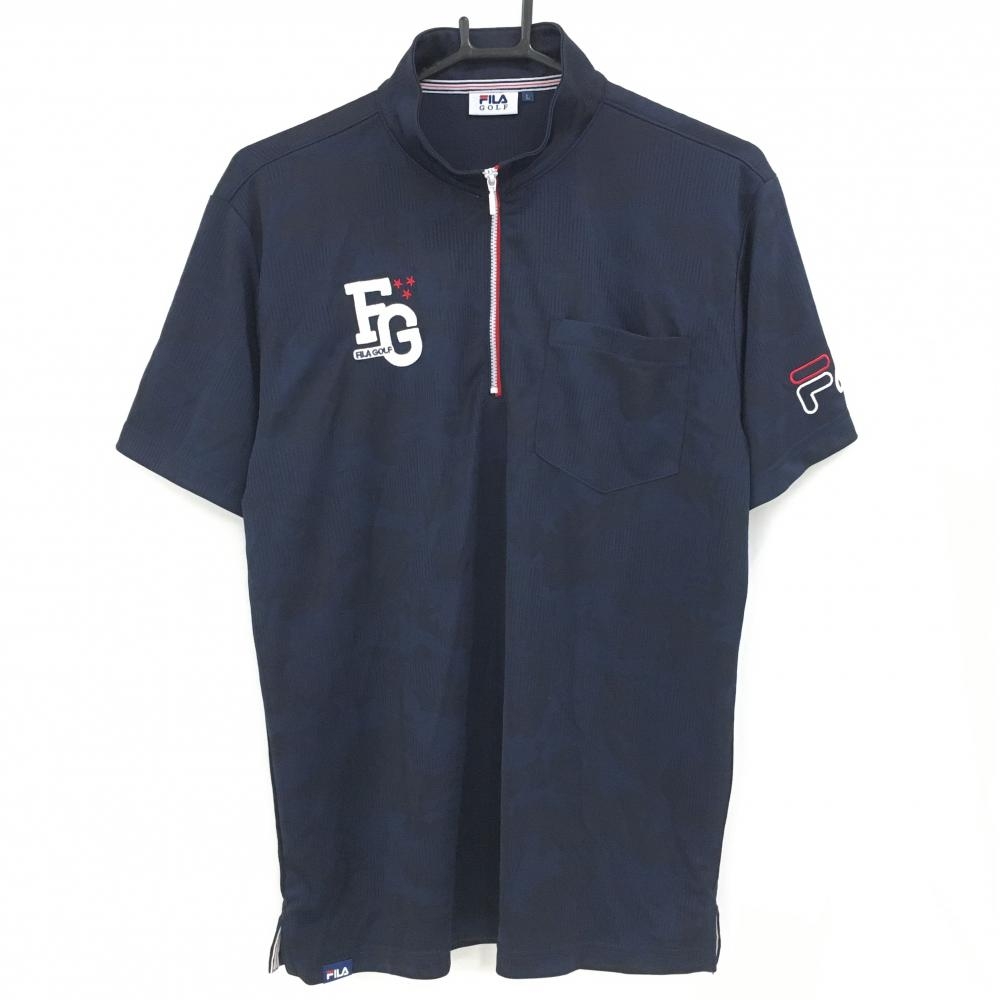 【超美品】フィラゴルフ 半袖ハイネックシャツ ネイビー×黒 迷彩×ストライプ織生地 カモフラ メンズ L ゴルフウェア FILA GOLF