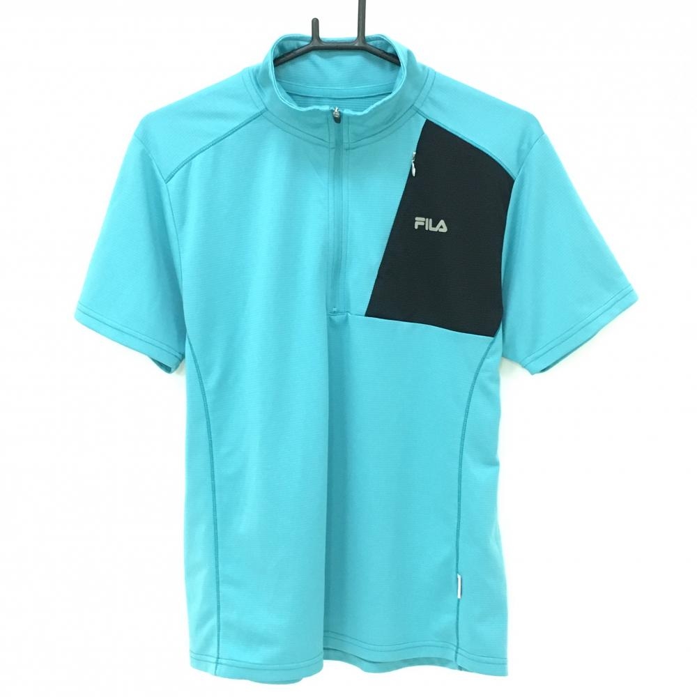 【美品】フィラゴルフ 半袖ハイネックシャツ ブルーグリーン×黒 バイカラー ハーフジップ メンズ M ゴルフウェア FILA GOLF