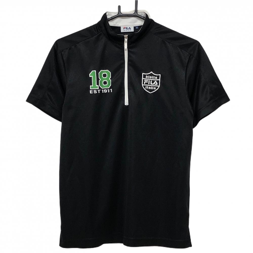 【美品】フィラゴルフ 半袖ハイネックシャツ 黒×白 ハーフジップ ロゴ刺しゅう メンズ M ゴルフウェア FILA GOLF