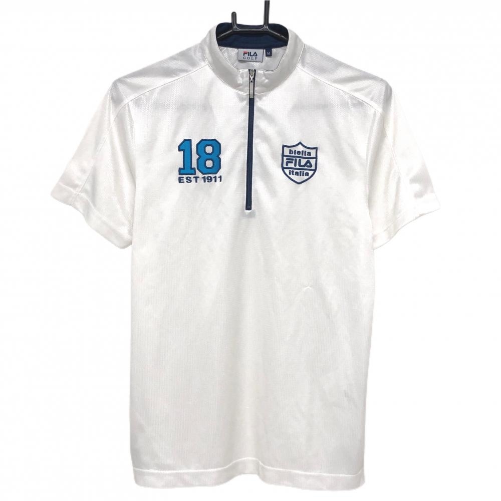 【美品】フィラゴルフ 半袖ハイネックシャツ 白×ネイビー ハーフジップ 胸ロゴ メンズ M ゴルフウェア FILA GOLF