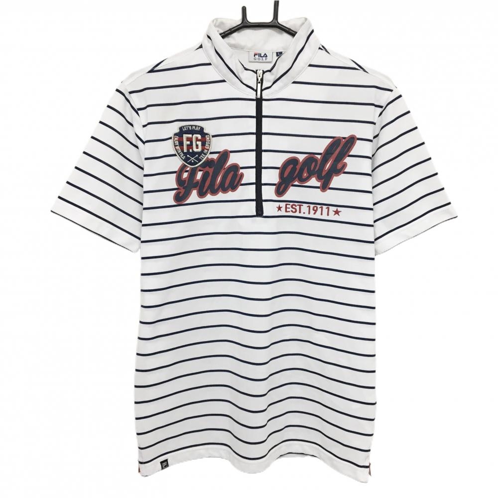 フィラゴルフ 半袖ハイネックシャツ 白×ネイビー ボーダー ハーフジップ  メンズ L ゴルフウェア FILA GOLF
