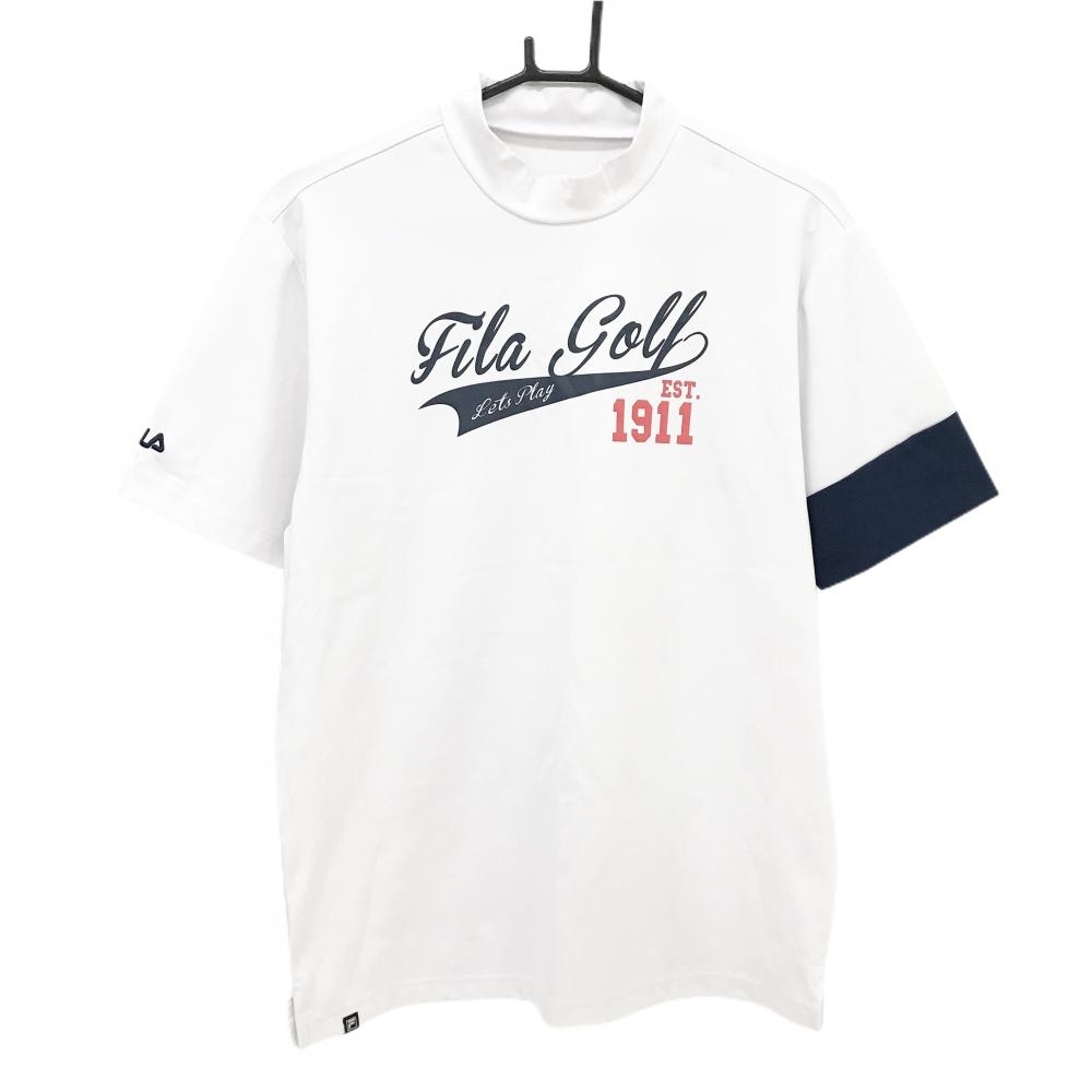 【美品】フィラゴルフ 半袖ハイネックシャツ 白 ロゴネイビー ストレッチ  メンズ L ゴルフウェア FILA GOLF