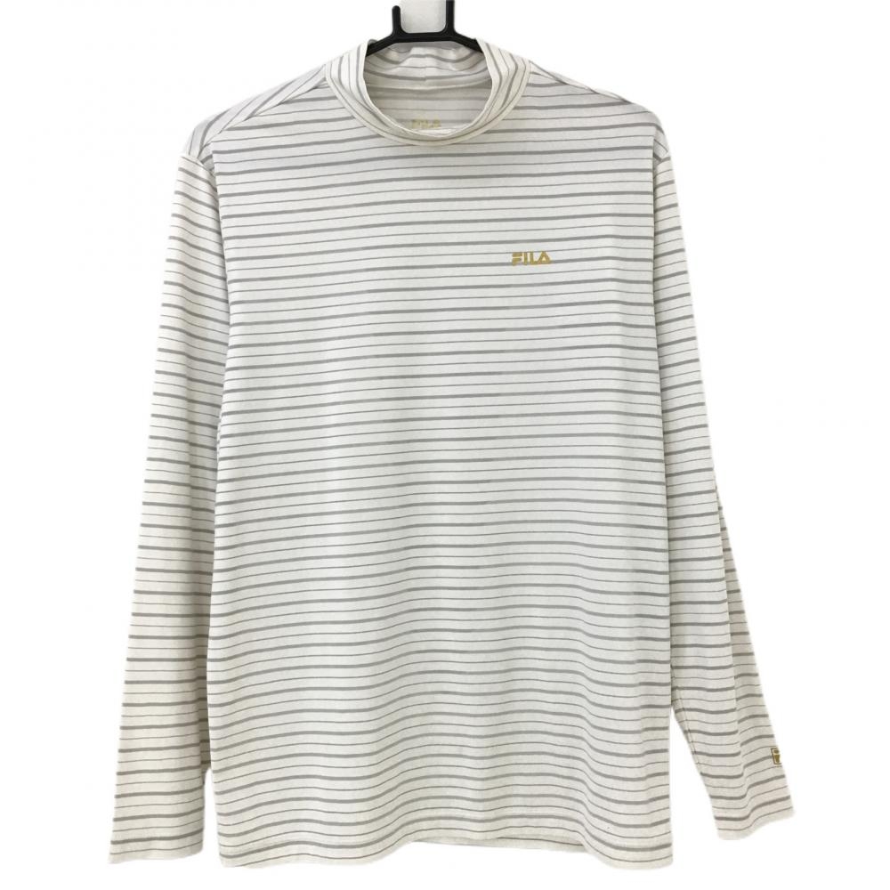 フィラゴルフ 長袖ハイネックシャツ 白×グレー ボーダー ロゴプリント ストレッチ インナー  メンズ LL ゴルフウェア FILA GOLF