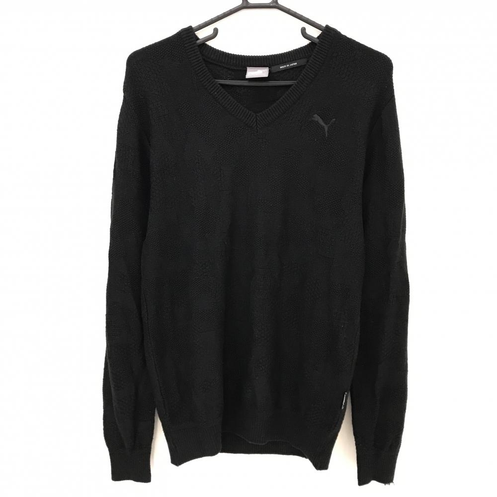 【美品】プーマ セーター 黒 総柄編み ニット ウール混 Vネック メンズ L ゴルフウェア PUMA