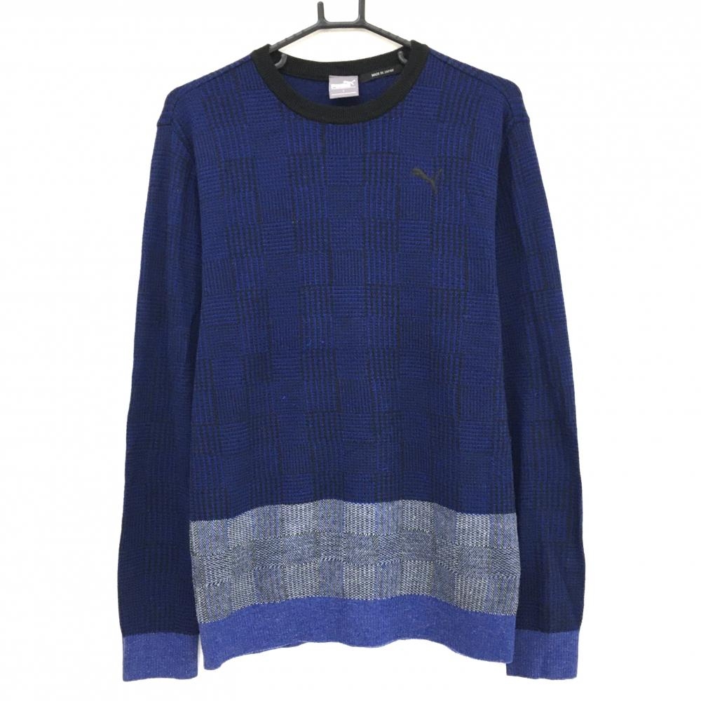 プーマ セーター ブルー×黒 グレンチェック調 ニット ウール混  メンズ L ゴルフウェア PUMA