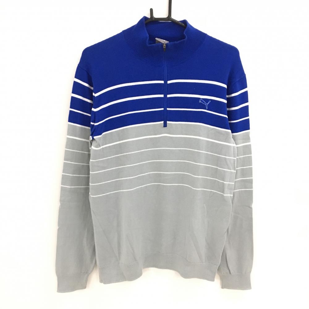 プーマ ハイネックセーター ブルー×グレー 上部ボーダー ハーフジップ コットン100％ ニット メンズ M ゴルフウェア PUMA