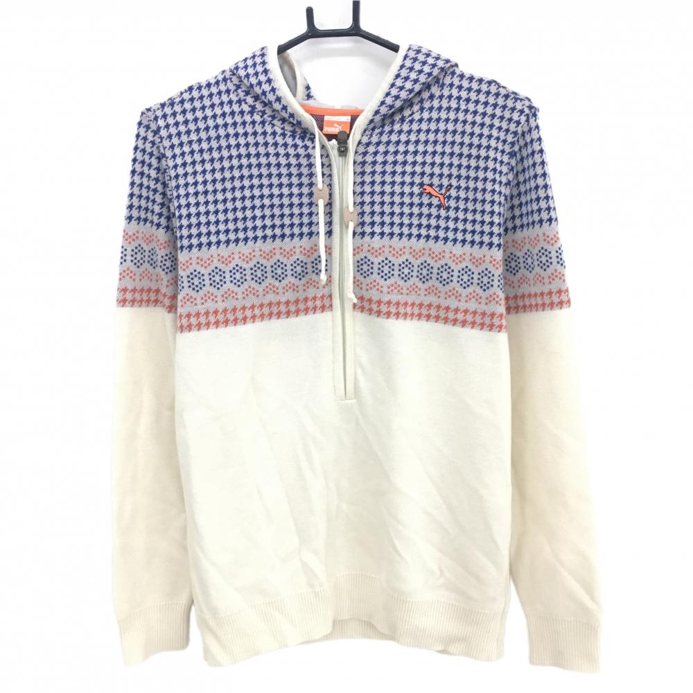 【美品】プーマ フード付セーター アイボリー×ブルー×オレンジ 上部千鳥格子 メンズ M ゴルフウェア PUMA