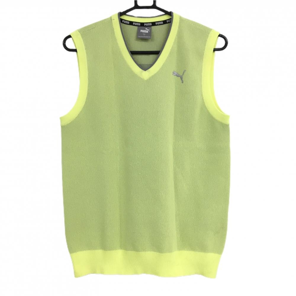プーマ ニットベスト イエロー×グレー Vネック 後ろビッグロゴ メンズ M ゴルフウェア PUMA