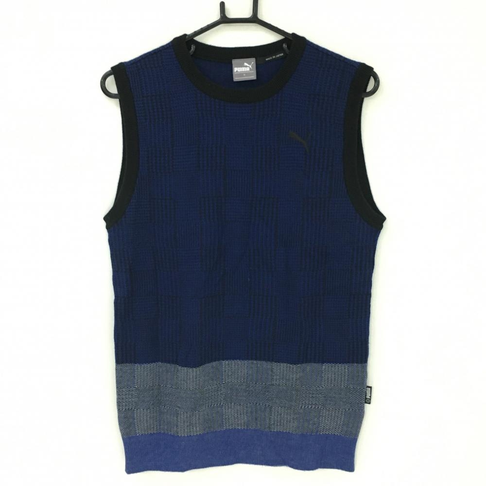 【美品】プーマ ニットベスト ブルー×黒 グレンチェック ウール混  メンズ M ゴルフウェア PUMA