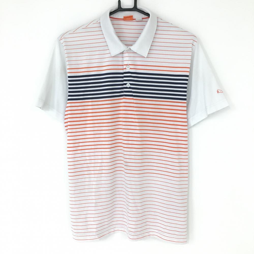 プーマ 半袖ポロシャツ オレンジ×白 ボーダー ストレッチ 総柄  メンズ XL ゴルフウェア PUMA
