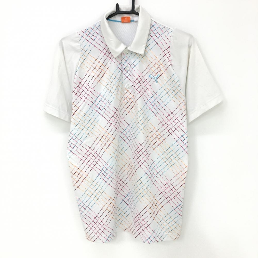 プーマ 半袖ポロシャツ 白×ピンク 前チェック柄 COOLCELL  メンズ M ゴルフウェア PUMA 画像