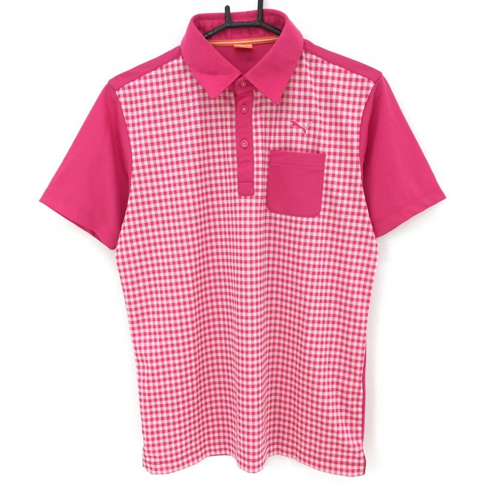 【美品】プーマ 半袖ポロシャツ ピンク×白 前チェック柄 DRYCELL 胸ポケット  メンズ M ゴルフウェア PUMA 画像