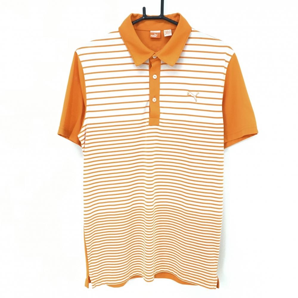【美品】プーマ 半袖ポロシャツ オレンジ×白 前面ボーダー ストレッチ　 メンズ XL ゴルフウェア PUMA