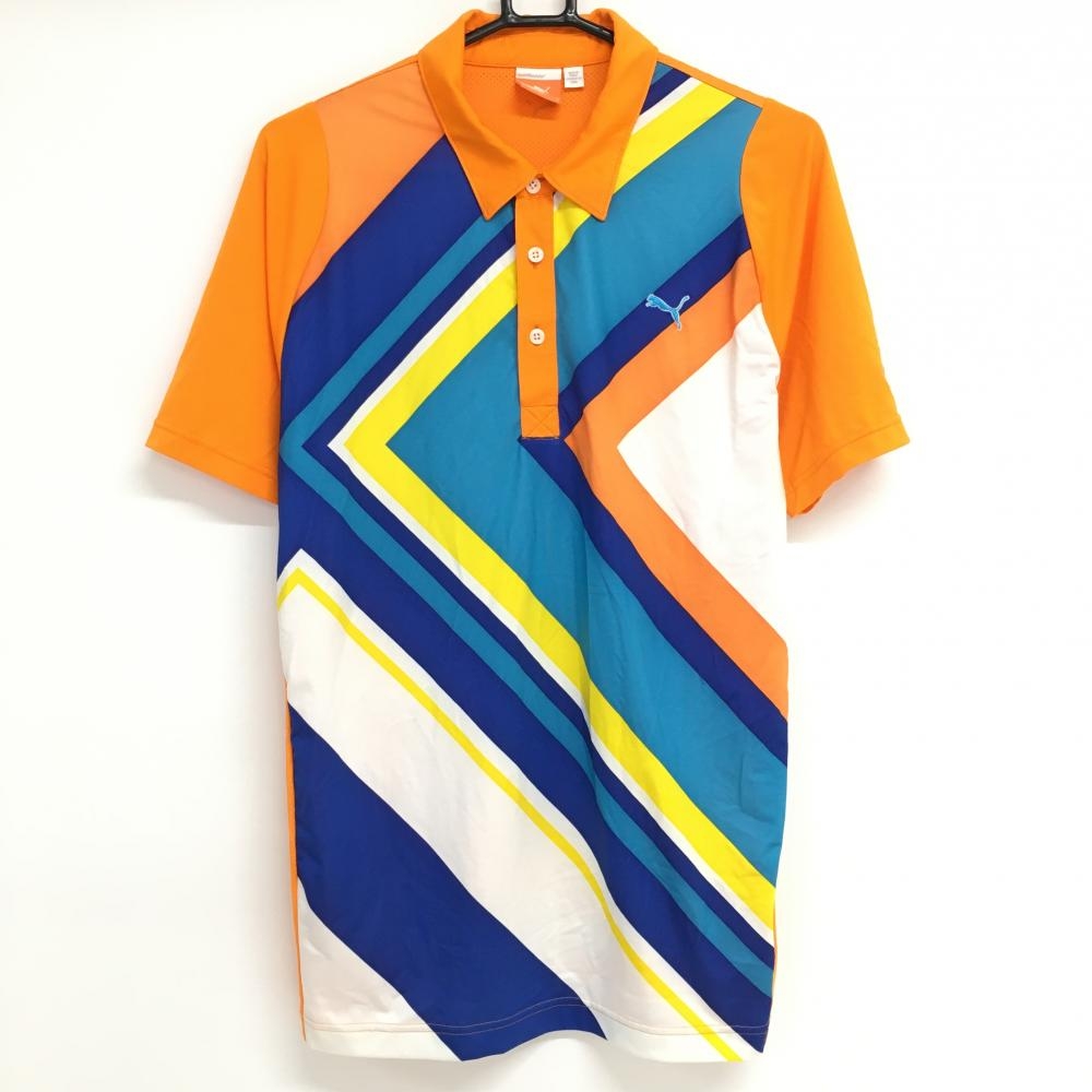 プーマ 半袖ポロシャツ オレンジ×ブルー 前面柄 背面メッシュ  メンズ US S ゴルフウェア PUMA