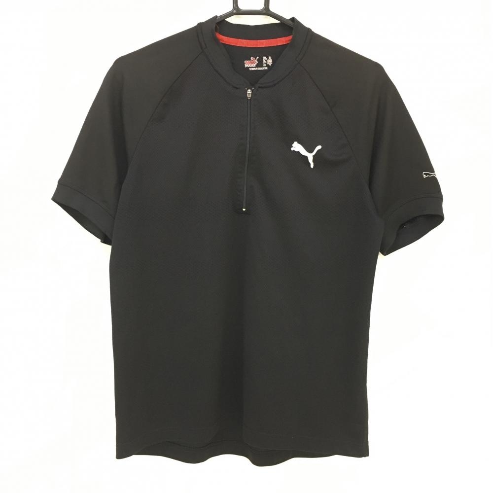 プーマ 半袖ポロシャツ 黒×白 胸元ロゴ刺しゅう ハーフジップ メンズ M ゴルフウェア PUMA 画像